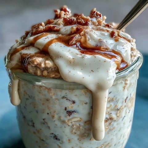 Creamy High-Protein Cinnamon Roll Overnight Oats in a glass jar with a sweet drizzle and cinnamon dusting.