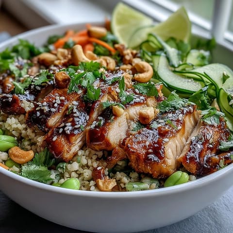 Toasted pearl couscous tossed in a sesame-ginger dressing, layered with tender chicken and fresh cilantro.