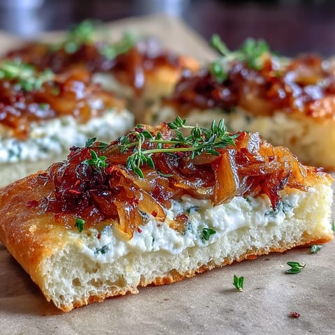 Warm Goat Cheese & Caramelized Onion Flatbread with melted cheese and caramelized onions served alongside a glass of white wine.