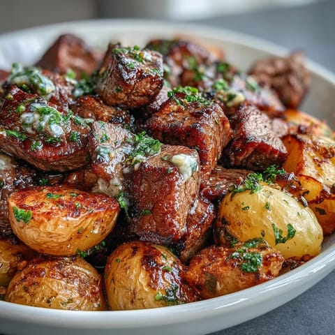 Sizzling steak bites and golden potato wedges glisten in garlic butter inside a cast-iron skillet.