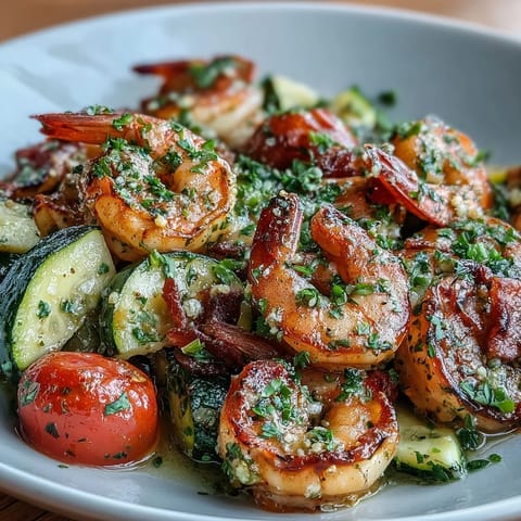 A close-up of One-Pan Lemon Butter Shrimp with Zucchini and Tomatoes, topped with fresh parsley and bright lemon wedges.