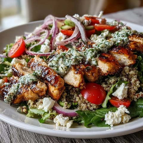 Sliced savory Lemon Herb Grilled Chicken Salad featuring crisp cucumbers, tomatoes, and crumbled feta over a bed of greens.