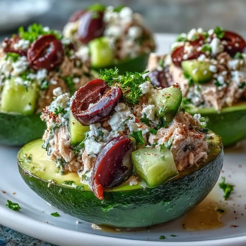 Two ripe avocado halves filled with a hearty Mediterranean Tuna Salad and topped with crumbled feta cheese.