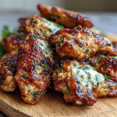 Freshly baked Keto Garlic Parmesan Baked Chicken Wings sit golden and crispy on a wire rack, with minced garlic and melted butter ready to toss.