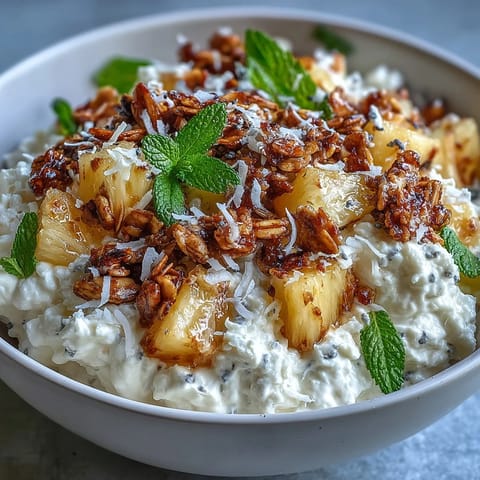Freshly diced pineapple and crunchy granola top a creamy cottage cheese breakfast bowl garnished with mint.