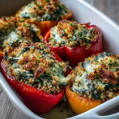 Hearty Vegan Spinach and Artichoke Stuffed Peppers served alongside a crisp garden salad for dinner.