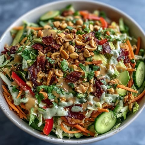 This overhead shot shows a large bowl of Vegan Spring Roll Salad with Peanut Dressing, topped with creamy avocado slices and chopped roasted peanuts for texture.
