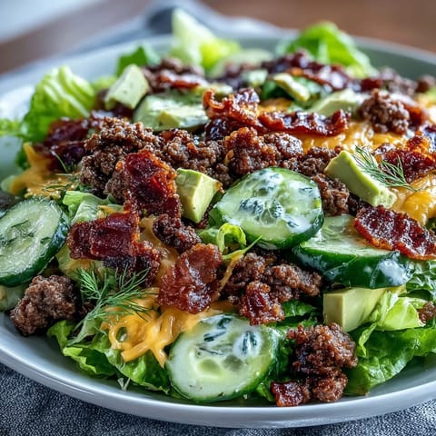 Keto Bacon Cheeseburger Salad with Avocado and Pickles, a hearty low-carb meal featuring crisp lettuce, juicy beef, and creamy avocado.