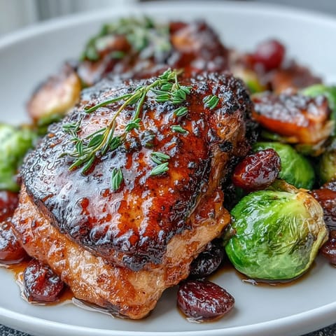 Vibrant sheet pan balsamic chicken with caramelized Brussels sprouts and roasted grapes, a savory-sweet one-pan dinner perfect for busy weeknights.  