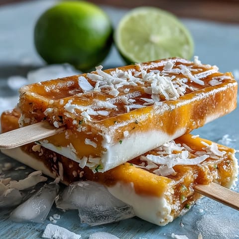 Creamy Mango Greek Yogurt Popsicles with Lime and Coconut, swirled with tropical flavors and garnished with shredded coconut.
