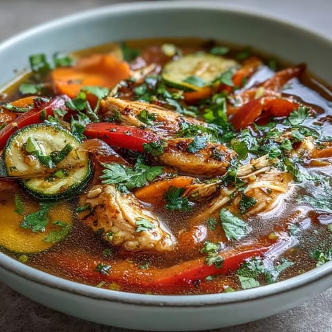 A steaming bowl of skinny one-pot chicken fajita soup with zucchini and peppers, topped with fresh cilantro.  