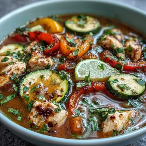 Colorful bell peppers, zucchini, and tender chicken simmer in a savory broth for a healthy fajita soup.  
