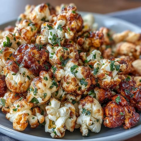 Gourmet truffle oil popcorn with Parmesan and garlic, a luxurious snack for movie night or entertaining.