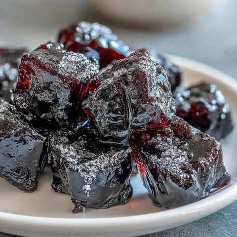 Close-up of cut black currant and licorice candy squares on a cutting board, showing chewy texture and vibrant berry hue.
