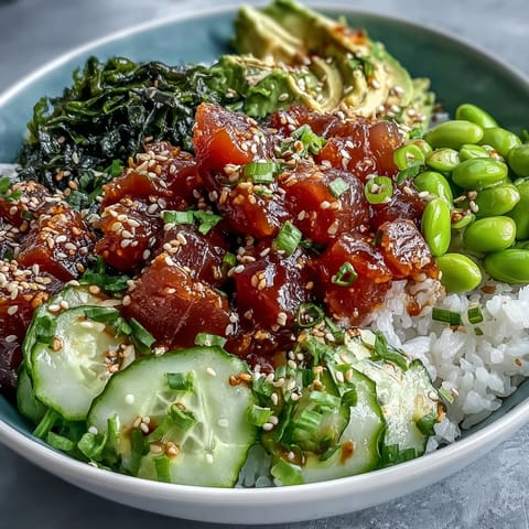 Spicy tuna poke bowl with marinated sushi-grade tuna, avocado, and cucumber over seasoned rice.  