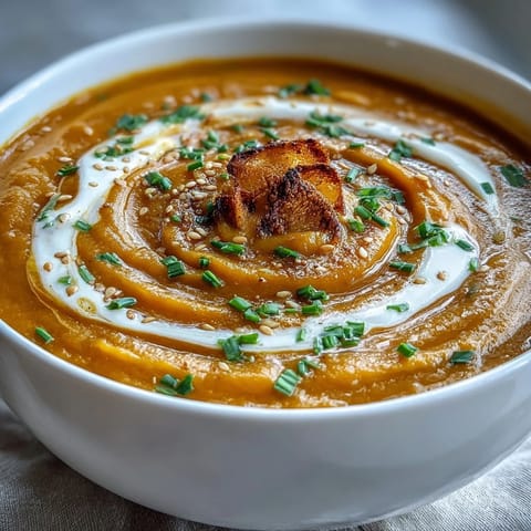 Silky miso butternut squash soup with roasted squash, ginger, and garlic for a nourishing vegetarian meal.  