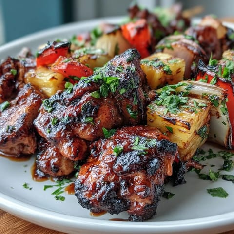 Spicy jerk-marinated chicken and tropical pineapple skewers sizzling on the grill, bursting with flavor.  