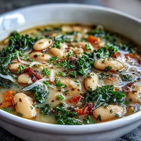 Creamy cannellini beans and wilted kale simmer in a savory broth, topped with grated Parmesan for Italian comfort.  