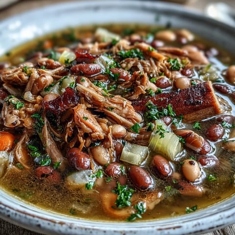 Hearty 15-bean soup with smoky ham bone, tender beans, and savory vegetables in a slow cooker.  