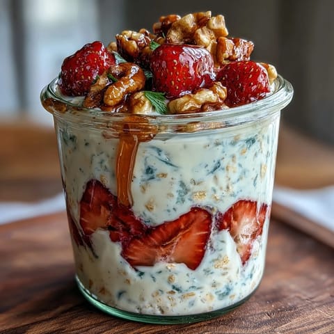 Creamy overnight oats with juicy strawberries and golden candied walnuts, perfect for a wholesome, make-ahead morning meal.