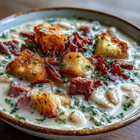 A comforting bowl of white bean soup with ham, aromatic thyme, and parsley, perfect for chilly winter evenings.  