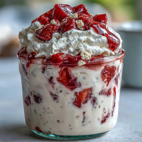 Creamy overnight oats with fresh strawberries and vanilla, layered to mimic strawberry shortcake for a healthy, flavorful breakfast.
