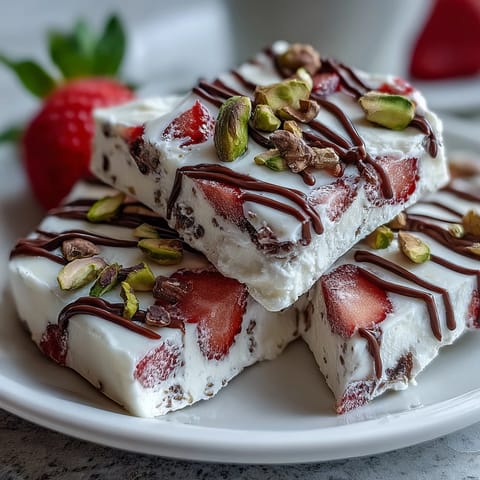 Creamy Greek yogurt bark topped with fresh strawberries and crunchy pistachios, drizzled with dark chocolate for a festive Valentine's treat.