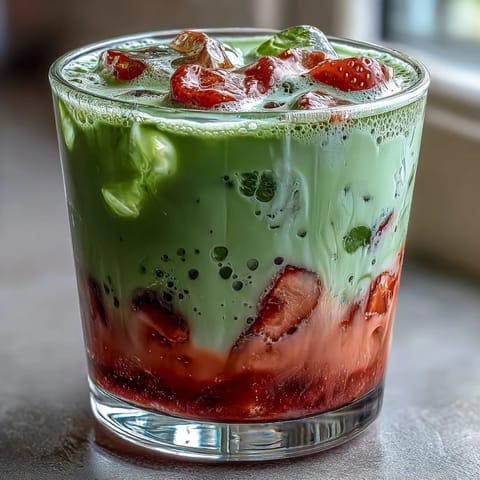 Vibrant strawberry matcha iced latte with oat milk, featuring creamy layers of strawberry puree, earthy matcha, and chilled oat milk.