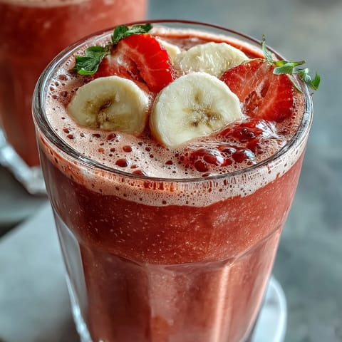 A vibrant, creamy strawberry banana protein smoothie blended with chia seeds for extra nutrition and texture.
