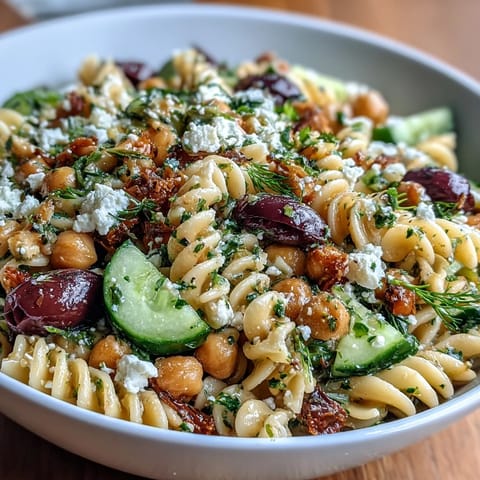 Close-up of Mediterranean Chickpea Pasta Salad with Cucumber and Olives, highlighting tender pasta, crunchy cucumber, and briny olives in a tangy vinaigrette.  