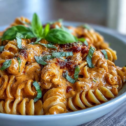 A silky, dairy-free sauce coats tender pasta, blending smoky roasted peppers with protein-rich lentils for a satisfying meal.  