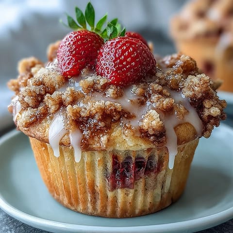 A batch of tangy sourdough muffins studded with juicy strawberries, crowned with a crunchy cinnamon crumb, baked to golden perfection.  