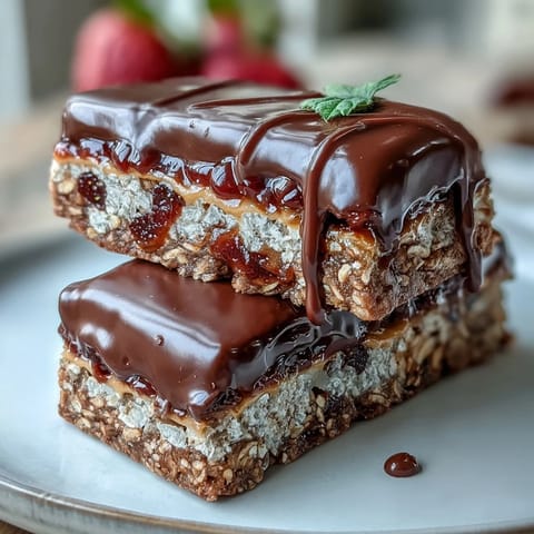 Homemade strawberry oat bars topped with rich dark chocolate, offering a delightful blend of fruity and nutty flavors.  