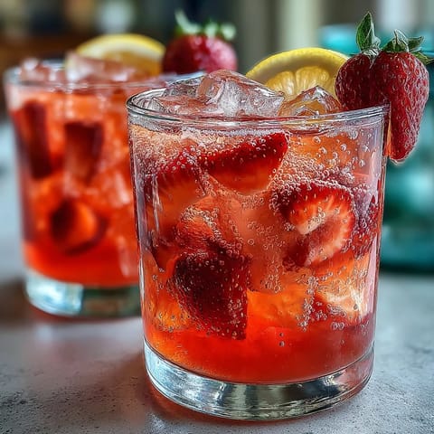 Vibrant strawberry lemonade mocktail with fresh berries and sparkling water, served over ice with lemon slices for a refreshing summer drink.