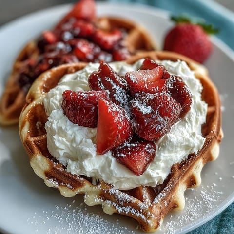 Golden heart waffles served with a light cottage cheese whip and juicy strawberries, perfect for a beautiful and delicious morning treat.