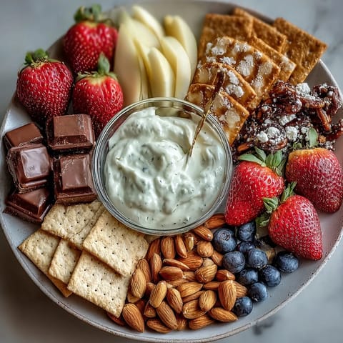 A vibrant Galentines leftover strawberry snack board with creamy yogurt dip, surrounded by fresh fruit, pretzels, and chocolate squares.  