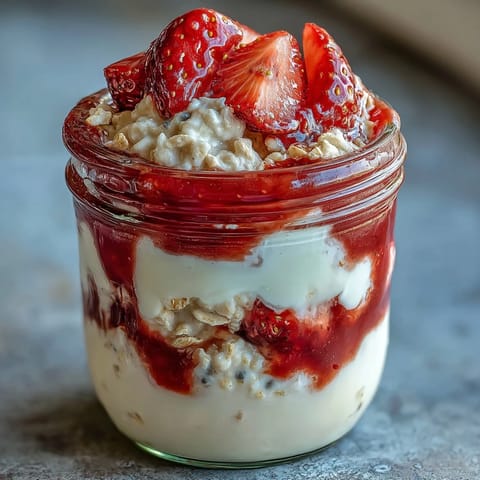 Fluffy Yogurt Overnight Oats with Strawberry Swirl: A creamy, airy breakfast with a vibrant homemade strawberry swirl for irresistible flavor.