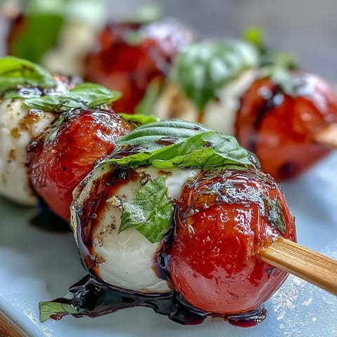 Picnic Caprese Skewers with Balsamic Drizzle: Juicy tomatoes, creamy mozzarella, and fragrant basil threaded onto skewers, finished with a glossy balsamic drizzle for outdoor gatherings.  