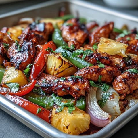 Sheet pan fajitas with juicy chicken, sweet pineapple, and colorful bell peppers, all roasted together for a tangy, vibrant meal.