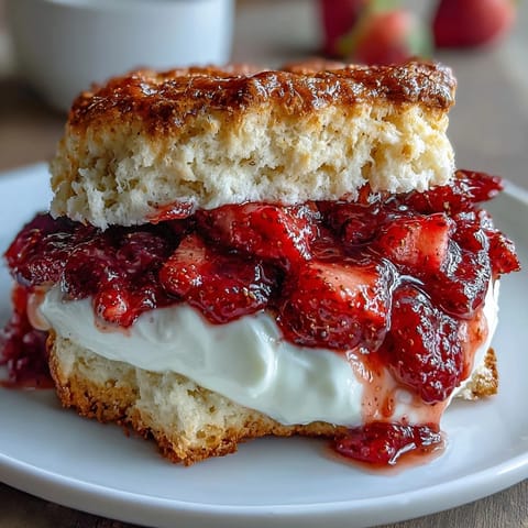 Golden strawberry scones layered with creamy vanilla yogurt and fresh macerated strawberries for a classic dessert with a modern twist.  