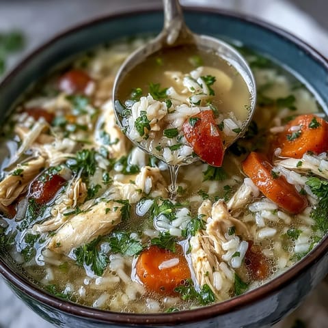 A steaming bowl of one-pot healthy chicken and rice soup, brimming with tender chicken, fresh vegetables, and hearty rice in savory broth.
