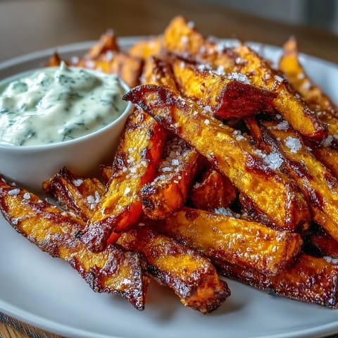 Crispy sweet potato fries seasoned with smoked paprika, paired with zesty homemade garlic aioli for a flavorful snack.