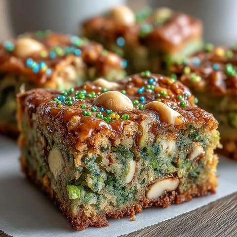 Festive St. Patrick's Day rainbow cookie bars with colorful sprinkles and creamy white chocolate chips in a buttery base.