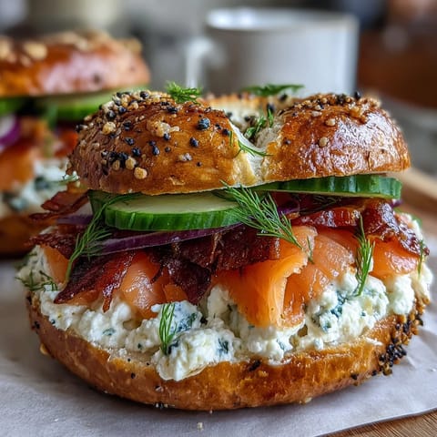 Chewy cottage cheese bagels served with smoked salmon, cucumber, red onion, and briny capers.  