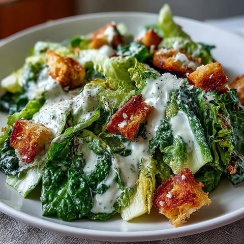 Celery Caesar Salad with Crunchy Croutons and Parmesan: A crisp, vibrant salad with sliced celery, romaine, and golden croutons, topped with shaved Parmesan and creamy Caesar dressing.