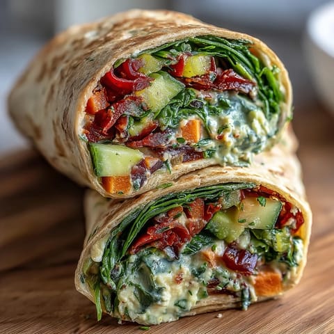 Rainbow veggie wraps featuring fresh spinach, shredded cabbage, and creamy hummus rolled in whole wheat tortillas for a nutritious, vibrant meal.