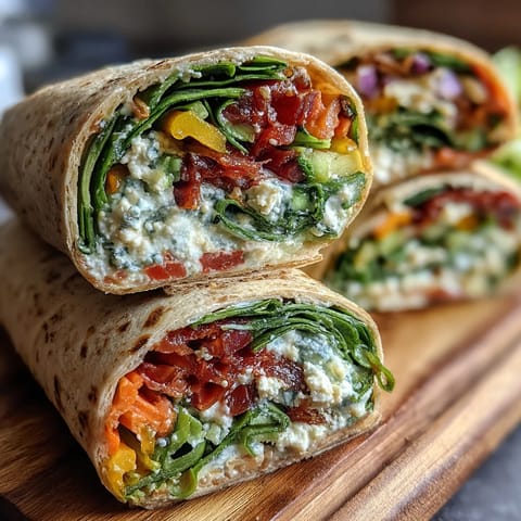 Colorful veggie wraps packed with crisp red and yellow bell peppers, carrots, cucumber, and purple cabbage, perfect for a healthy lunch on the go.