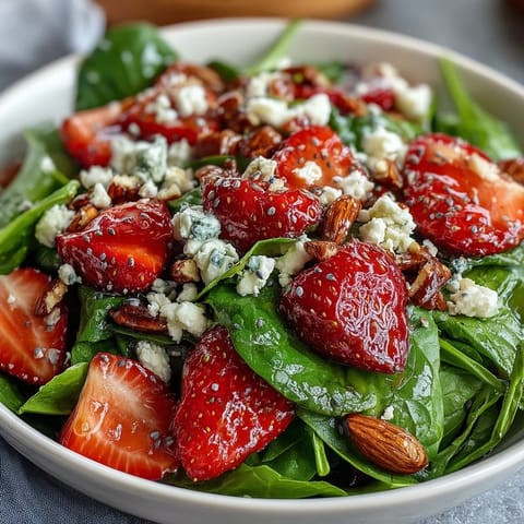 Fresh strawberry spinach salad with poppyseed dressing, featuring juicy berries, tender greens, and crunchy nuts in a creamy, tangy dressing.