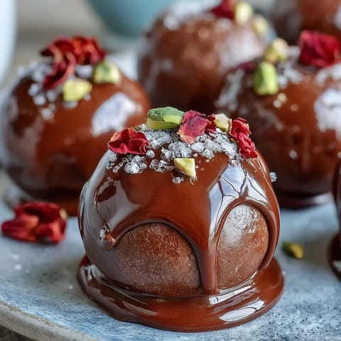 Dubai-inspired strawberry cardamom truffles, enrobed in rich dark chocolate for a luxurious dessert bite.