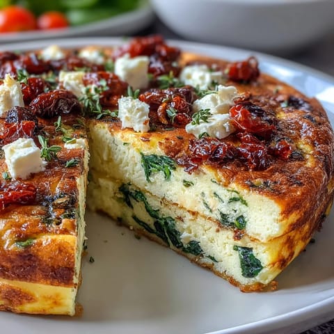 Fluffy spinach and feta frittata with sun-dried tomatoes, golden and baked to perfection in a cast iron skillet.